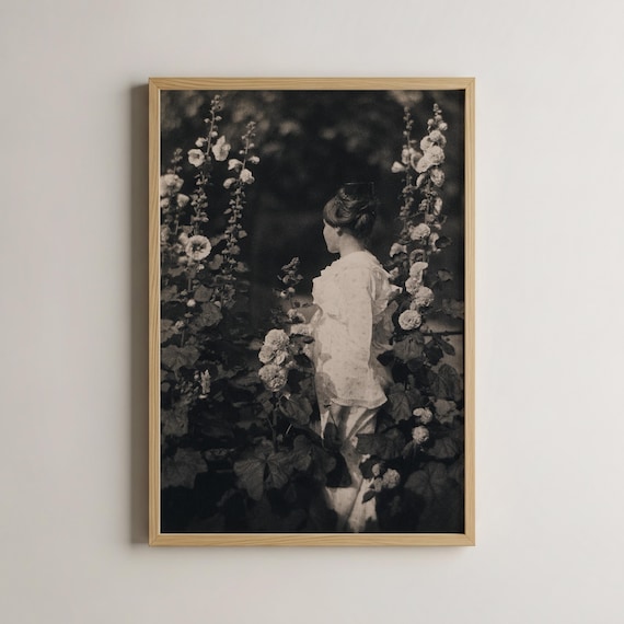 Vintage Sepia Woman Among Hollyhocks Floral Portrait Art Poster