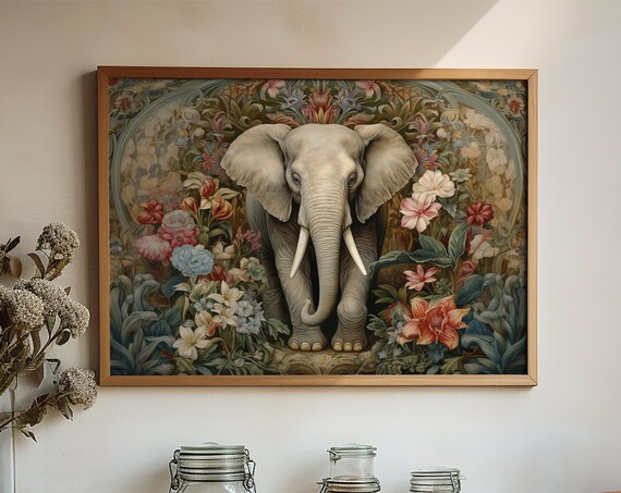 White Elephant Surrounded by Blooming Flowers Lush Botanical Art Poster