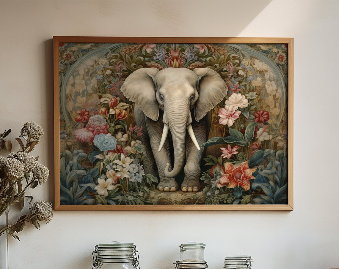 White Elephant Surrounded by Blooming Flowers Lush Botanical Art Poster