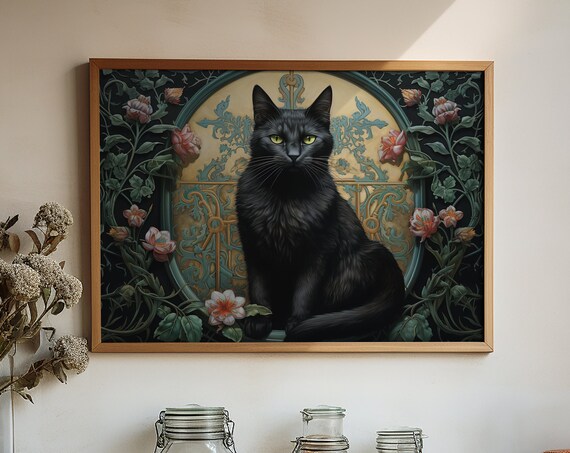 Black Cat Before Golden Arched Doorway with Ivy Flowers Poster