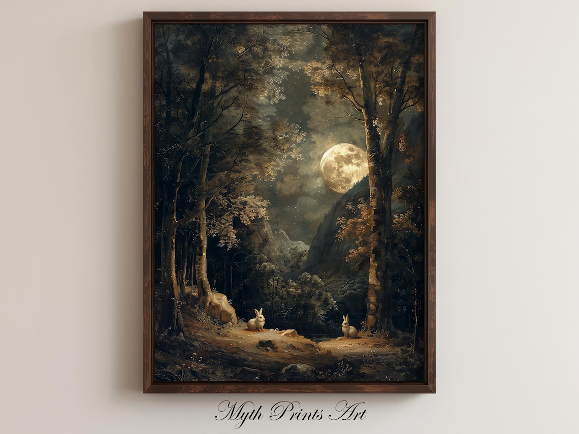 Moonlight Forest Bunnies Rustic Moody Art Print