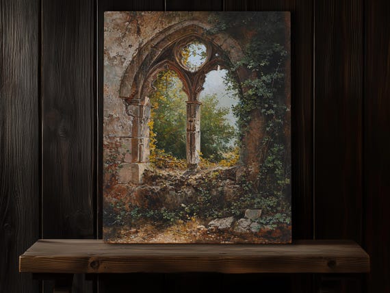 Overgrown Gothic Manor Ruins Print On Canvas Or Premium Archival Paper Abandoned Antique Places Painting Vintage Wall Art Dark Academia
