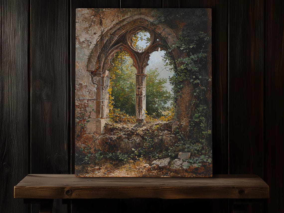 Overgrown Gothic Abbey Ruins Ivy Window Dark Romantic Canvas Poster
