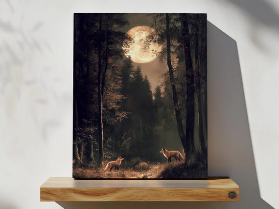 Moonlight Red Foxes Print On Canvas Or Premium Archival Paper Vintage Full Moon Wildlife Wall Art Atmospheric Landscape Painting Decor