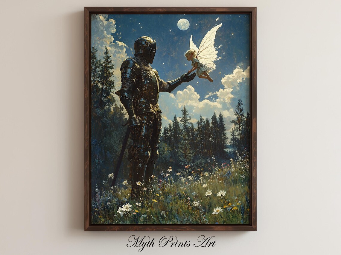 Knight And Tiny Fairy Moonlit Meadow Fantasy Painting Poster