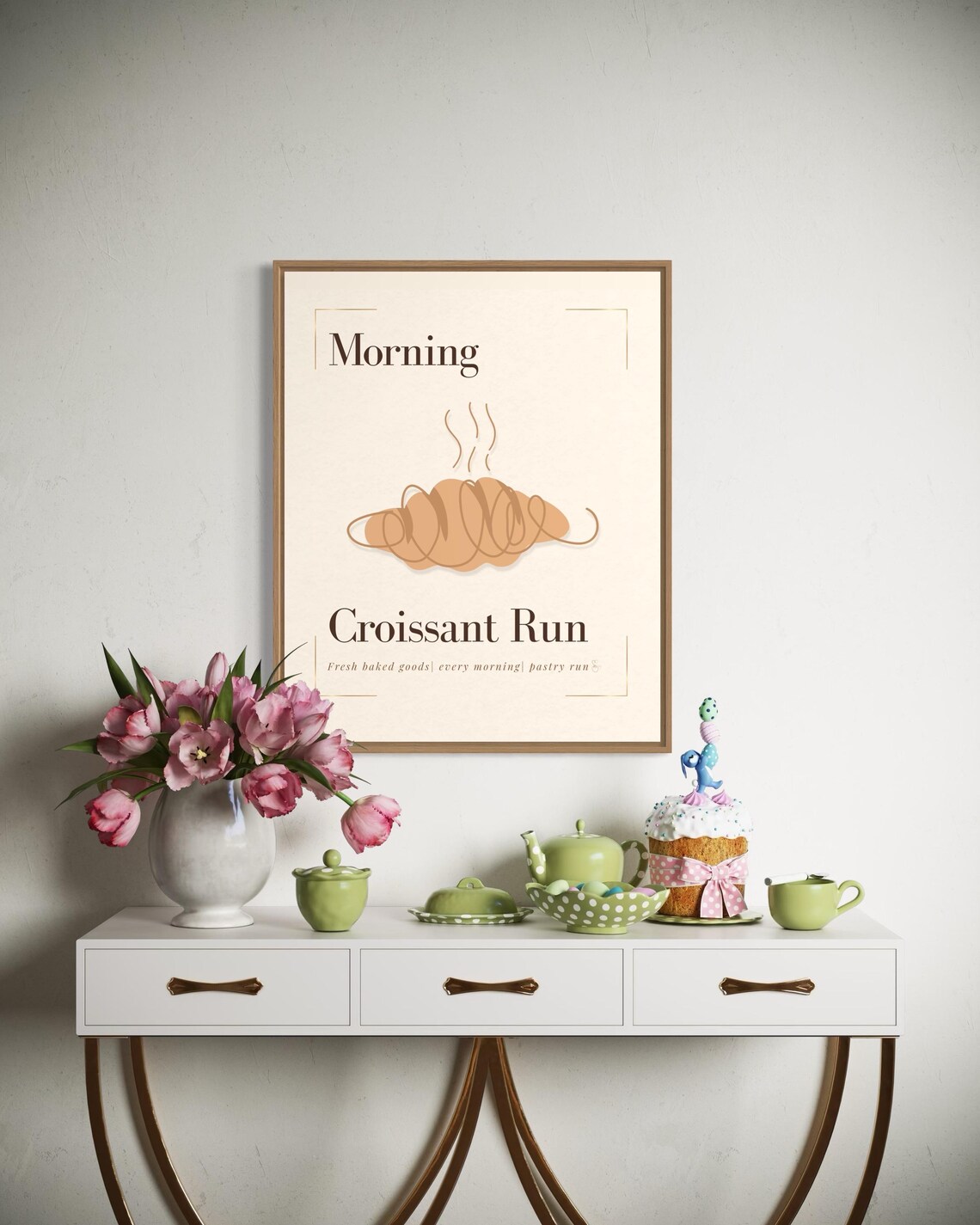 Morning Croissant Run Steaming Croissant Minimalist Kitchen Poster