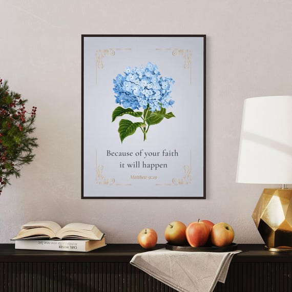 Because Of Your Faith It Will Happen Elegant Blue Floral Scripture Wall Art Matthew 9 29 Christian Print For Living Room Or Nursery
