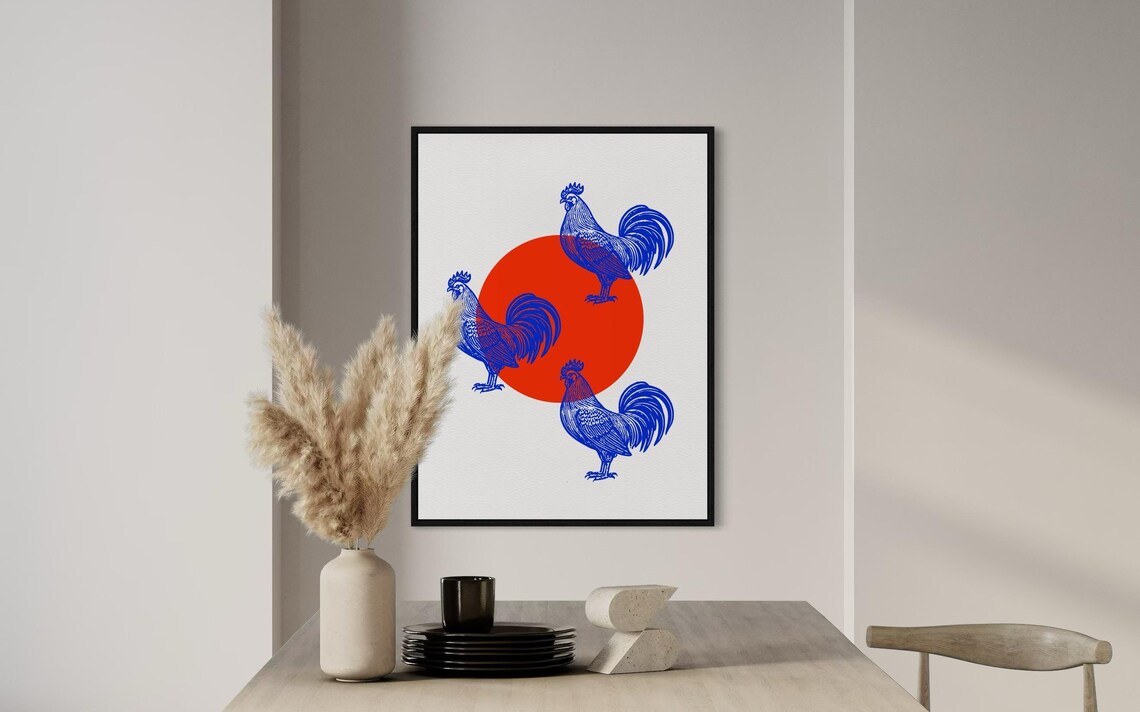 Three Blue Roosters Around Red Sun Japanese Style Animal Poster - Image 4