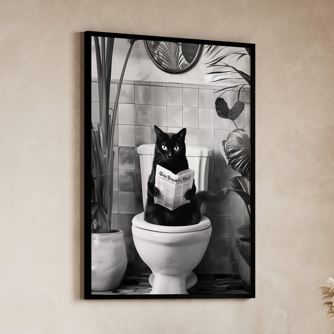 Black Cat Reading Newspaper Toilet Black White Bathroom Poster