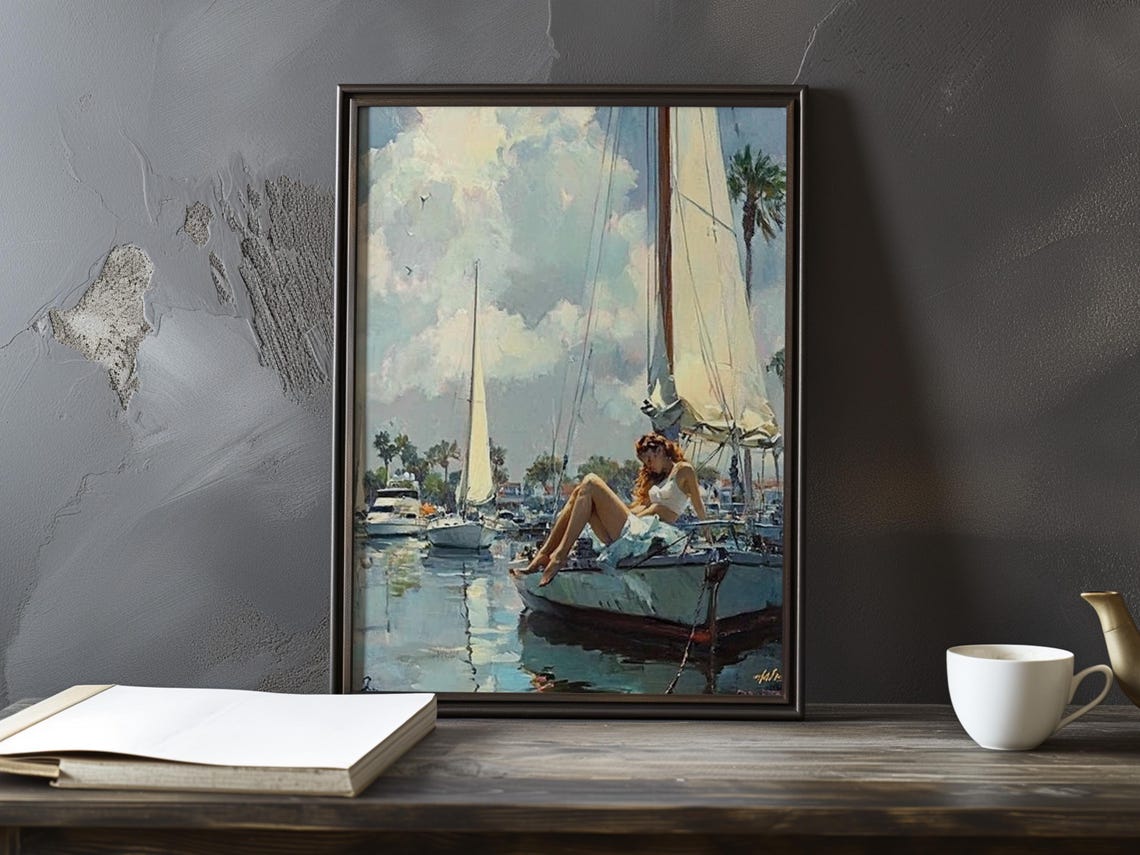 Woman Reclining on a Sailboat Deck in the Harbor Painting Poster