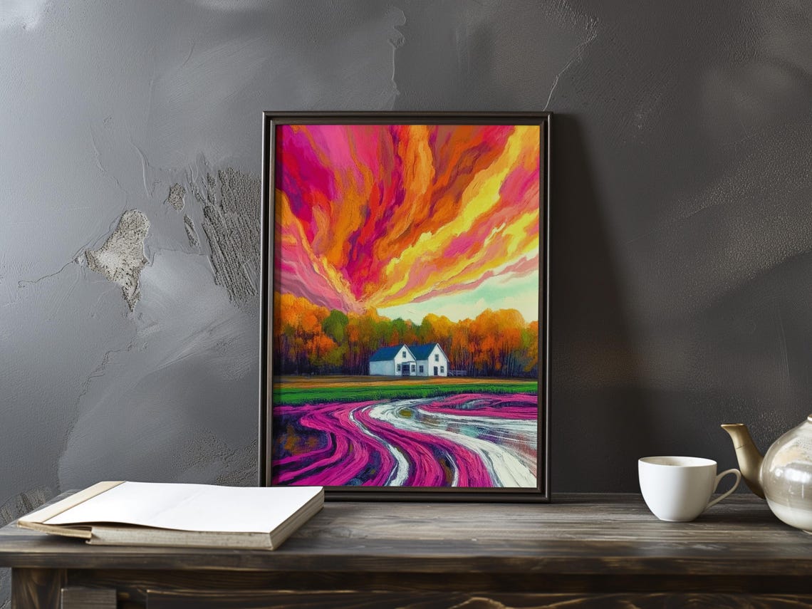 Farmhouse Under Blazing Magenta Sunset Winding Country Road Poster
