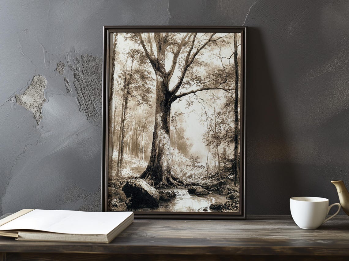 Sepia-Toned Old-Growth Forest Tree by a Woodland Stream Poster
