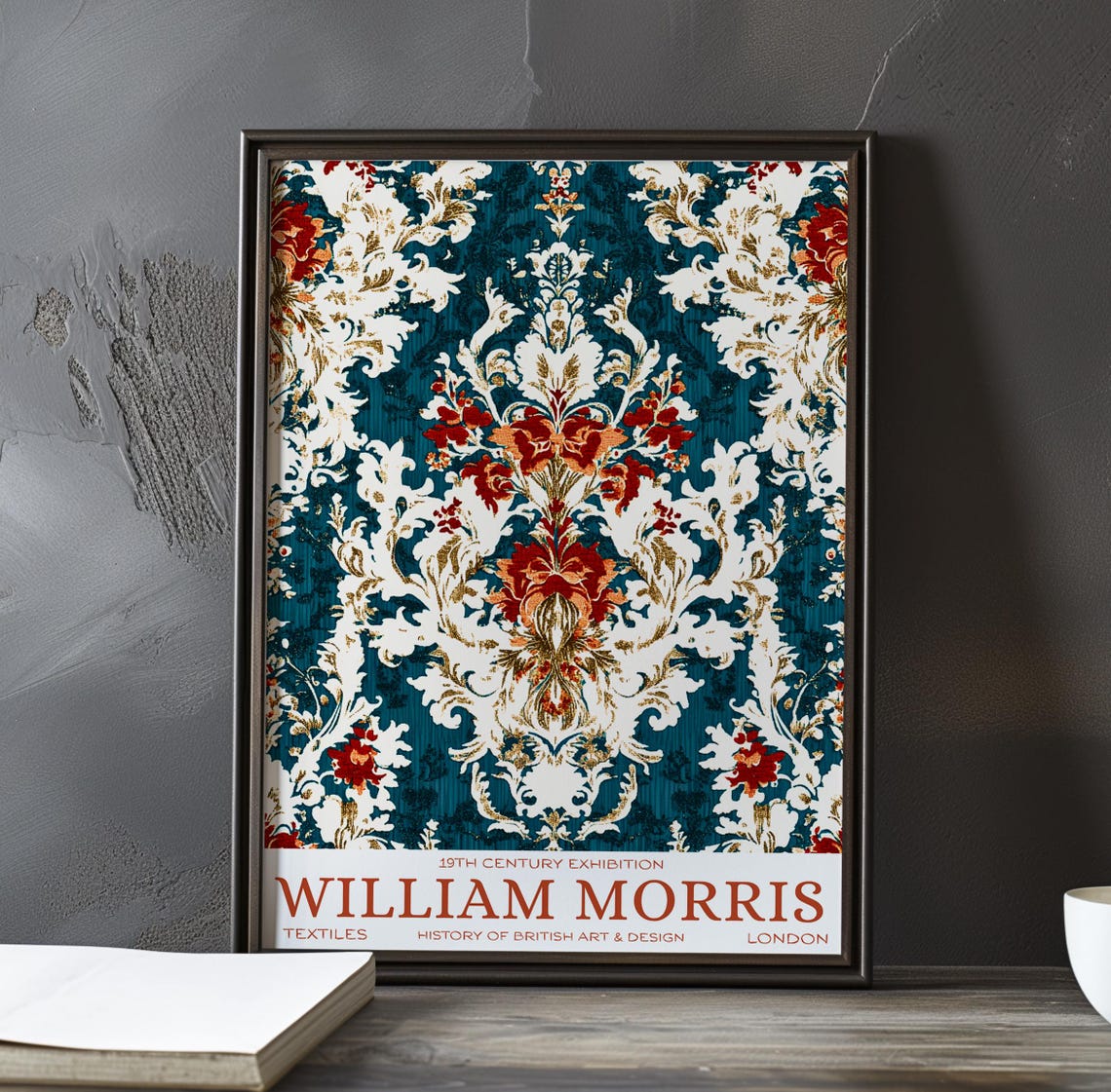 William Morris Red White Damask Acanthus Teal Floral Textile Poster