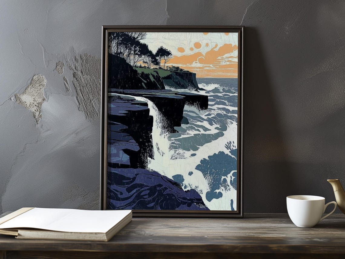 Dark Cliff Silhouette at Sunset with Foaming Waves Poster Art