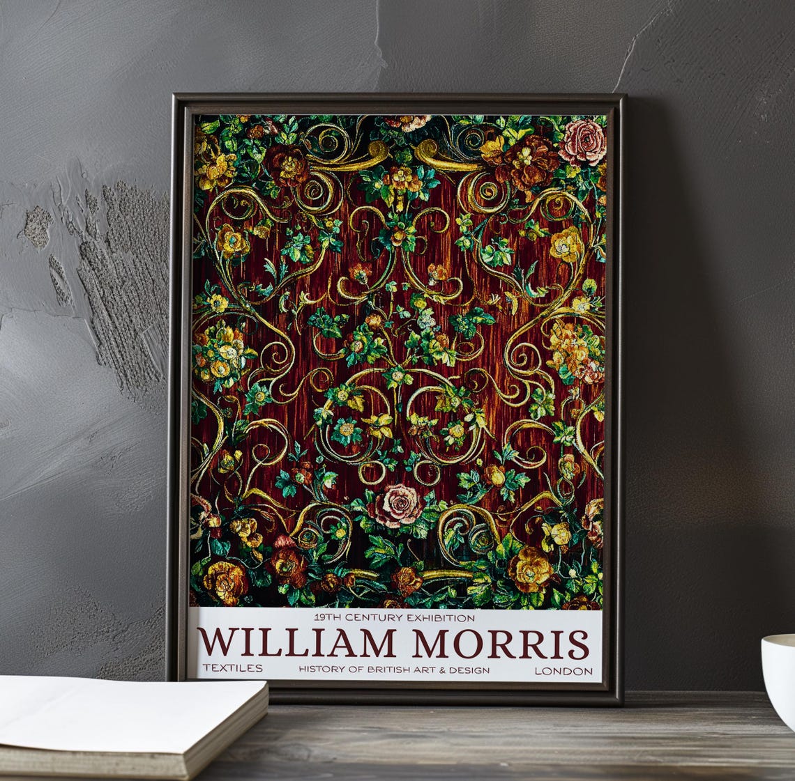 William Morris Crimson Rose Golden Scrollwork Exhibition Poster
