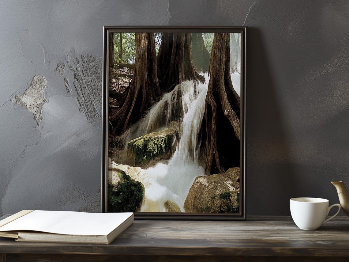 White Waterfall Tumbling Over Rocks Between Tall Forest Trees Poster