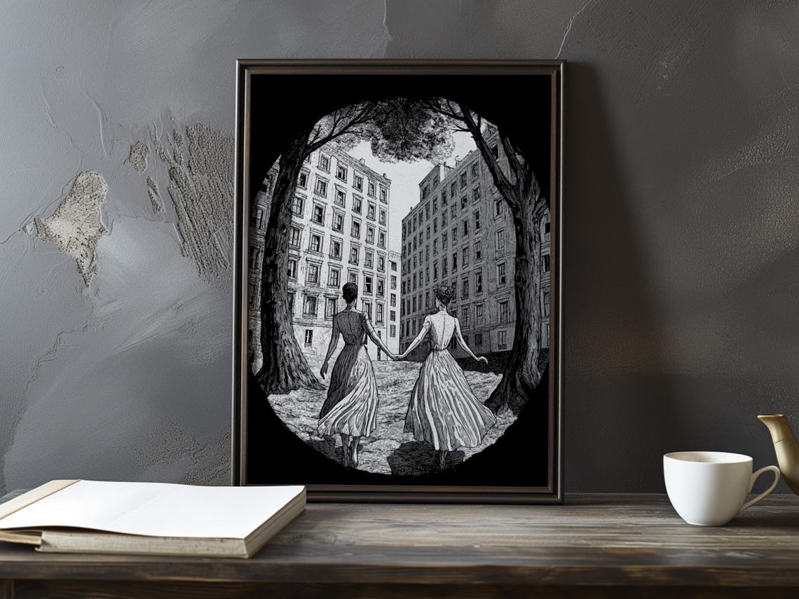 Black and White Illustration of Women in Old City Streets Poster