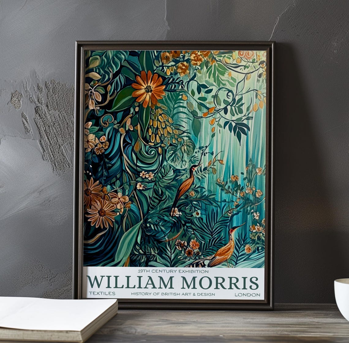 William Morris Orange Jungle Flowers Birds Botanical Textile Poster