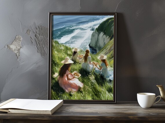 Women Picnicking on a Seaside Cliff in Straw Hats Poster Art