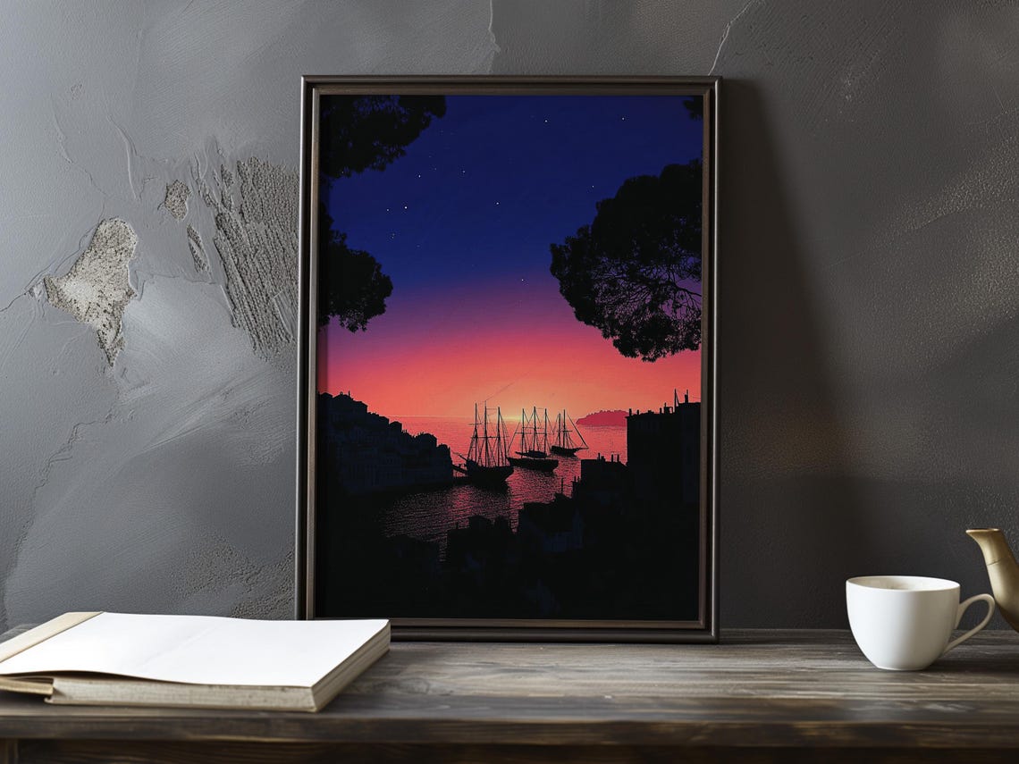 Tall Ships Silhouette in Harbor Under Magenta Sunset Night Poster