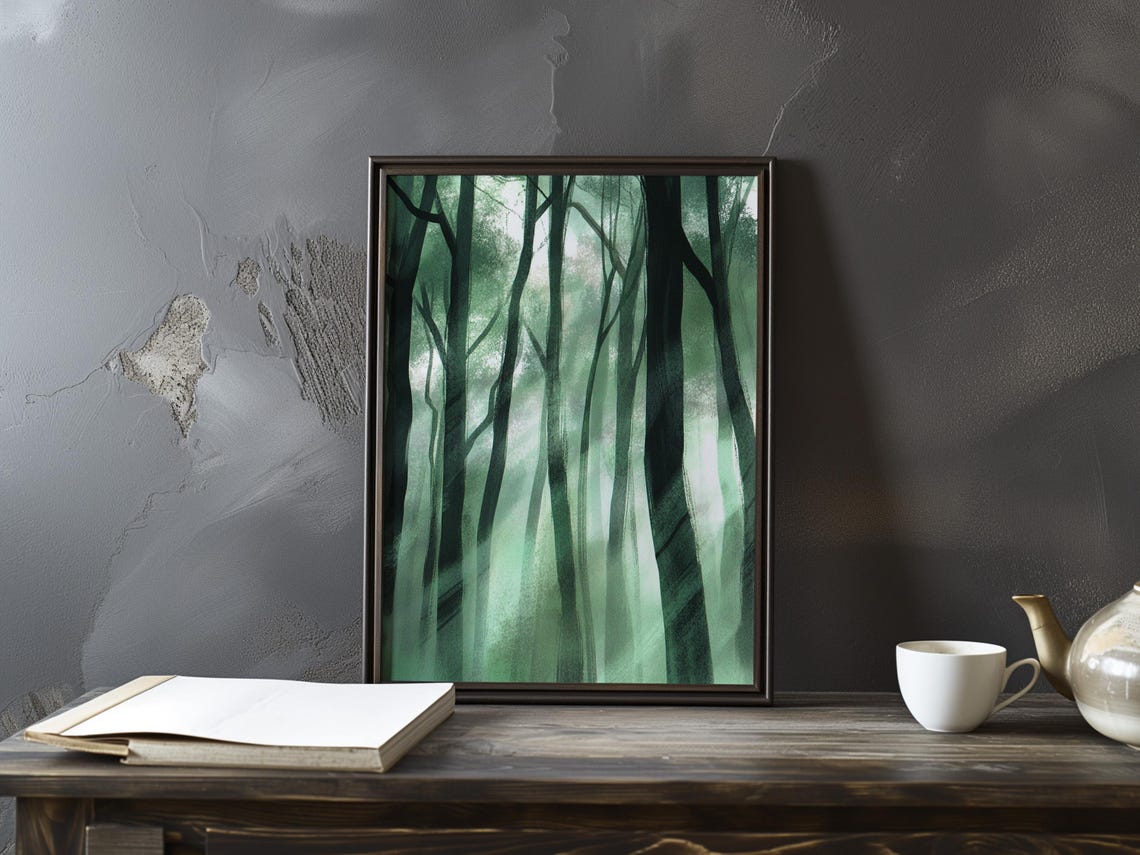 Corot-Inspired Misty Forest with Tall Dark Tree Trunks Poster