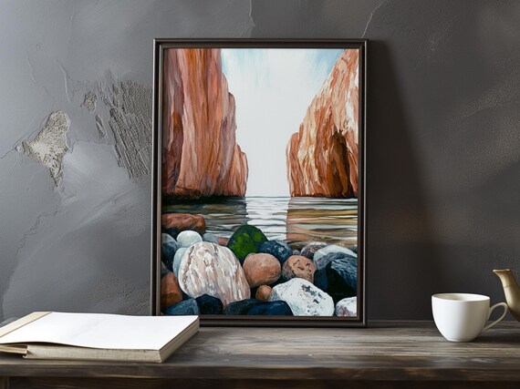 Red Rock Sea Stacks Above a Pebble Shore in a Coastal Art Poster