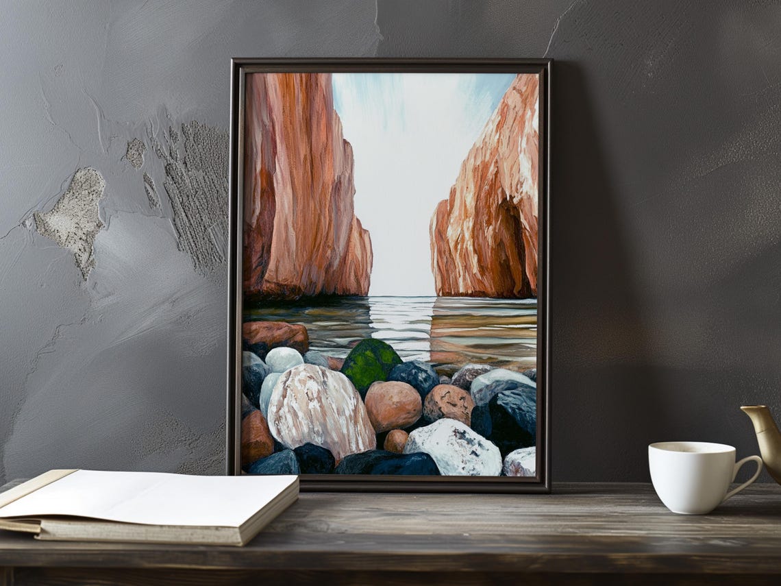 Red Rock Sea Stacks Above a Pebble Shore in a Coastal Art Poster