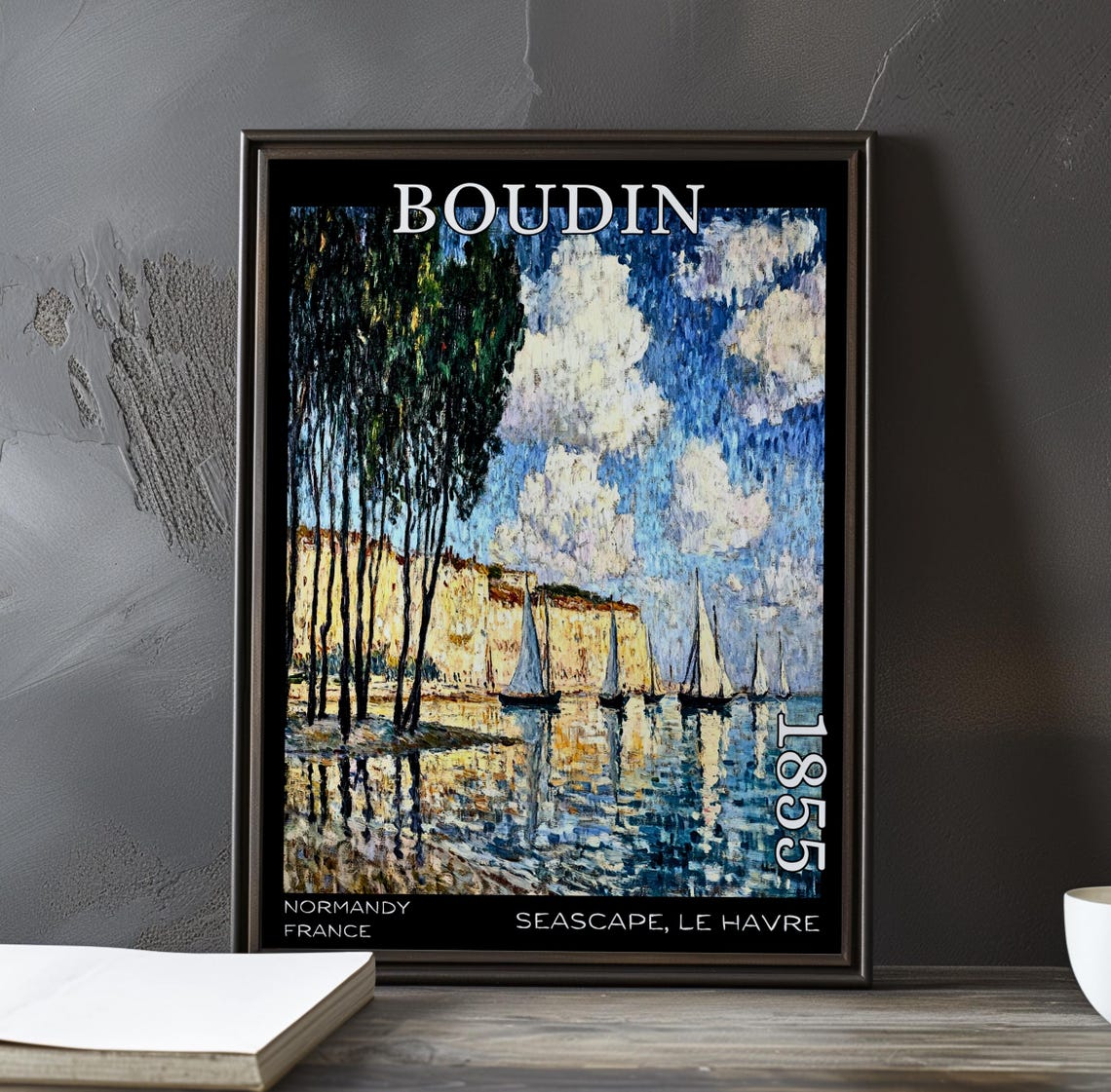 Eugene Boudin 1855 Le Havre Golden Cliffs and Sailboats Poster