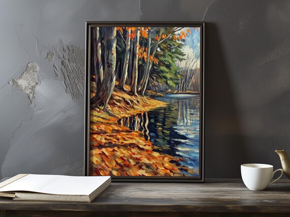 Autumn Woodland Shoreline Curving into a Calm River Impressionist Poster
