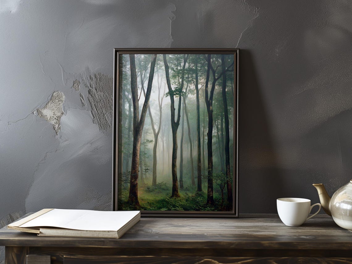 Towering Trees in Green Mist with a Distant Sunlit Clearing Poster