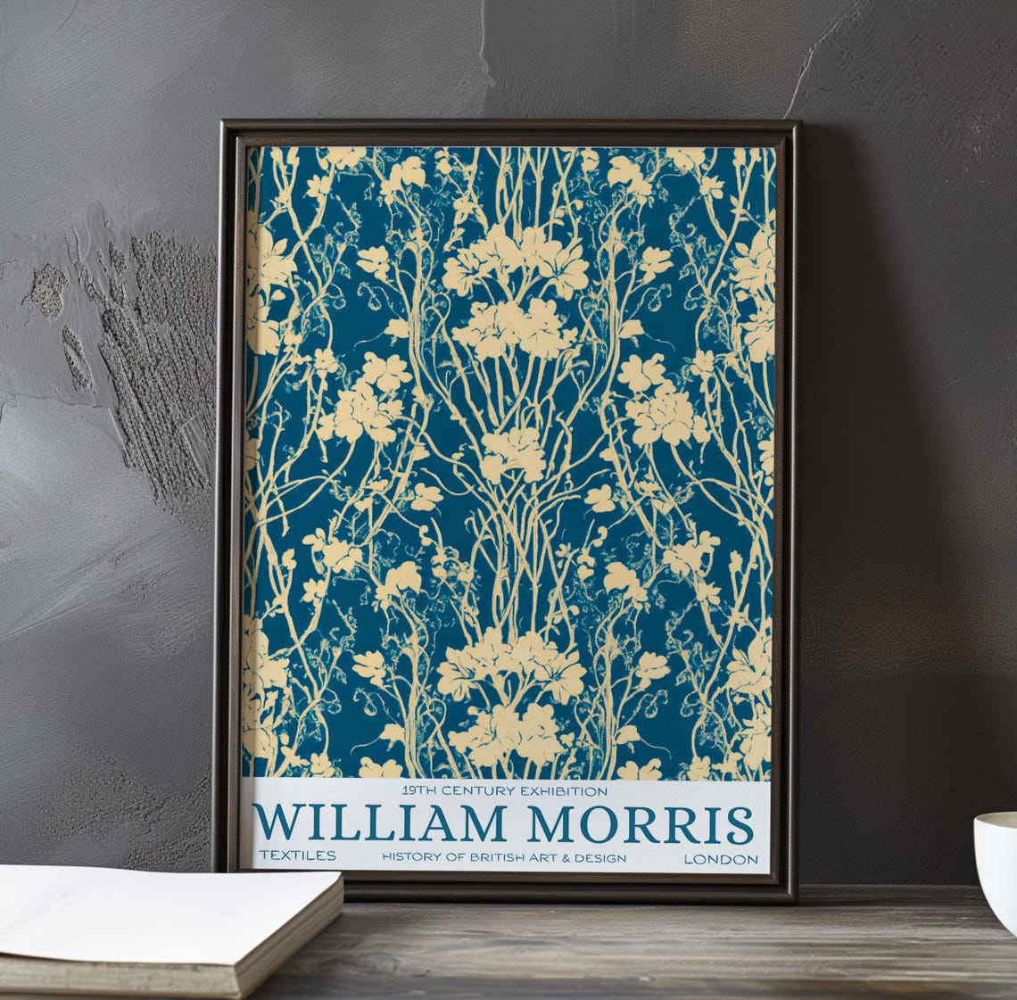 William Morris Ivory Wildflower Branches Teal Textile Poster