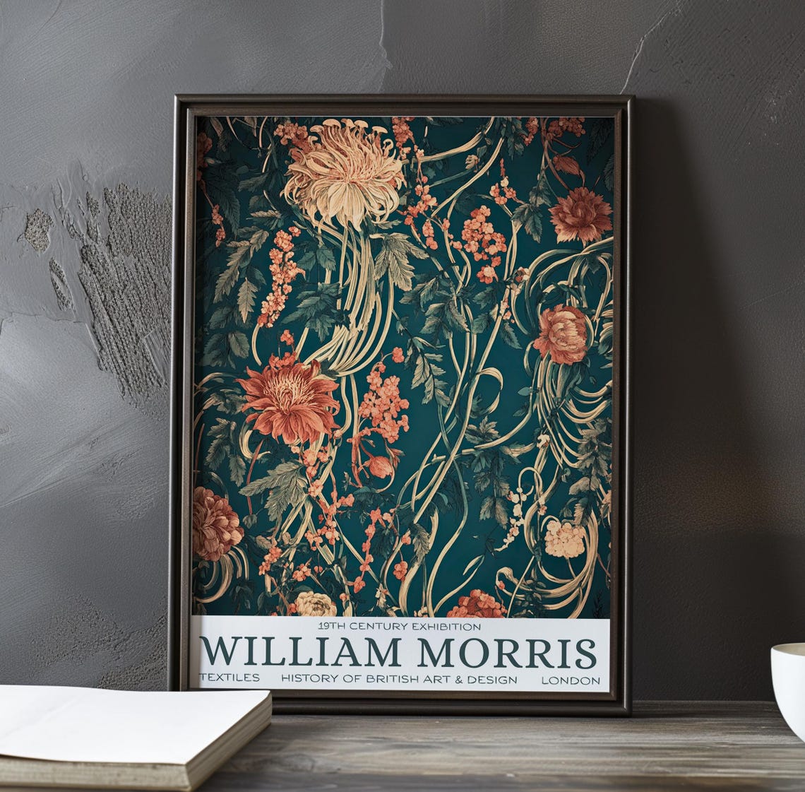 William Morris Peach Chrysanthemum Vine Teal Exhibition Poster