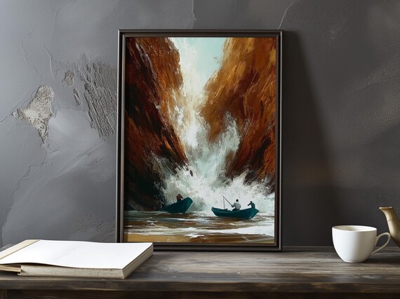 Two Rowboats Facing A Towering White Wave In Red Rock Canyon Poster