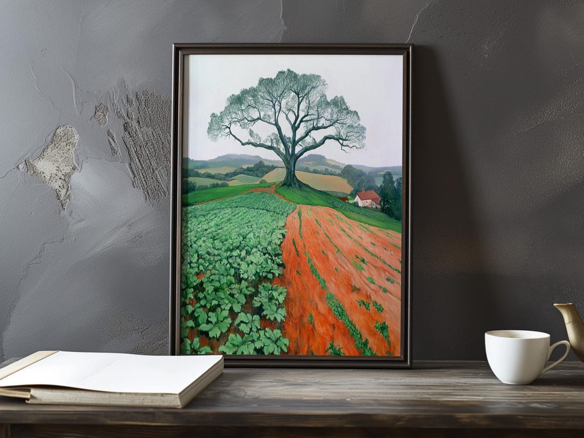 Hilltop Tree Dividing Green Field and Red Tilled Soil Poster