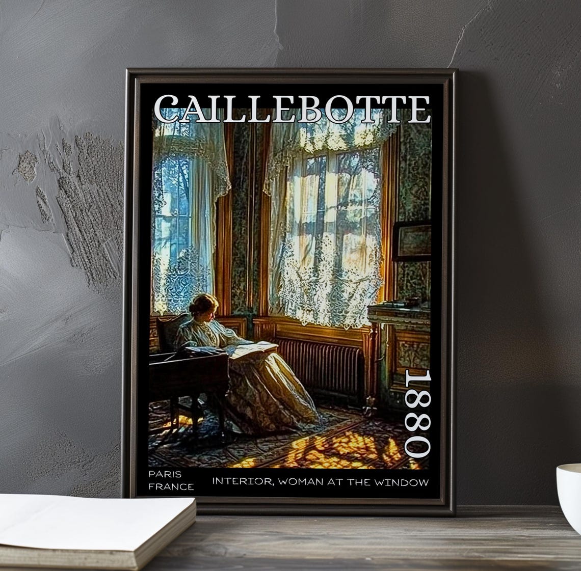 Caillebotte Woman Reading at Desk by Lace Curtain Windows Poster