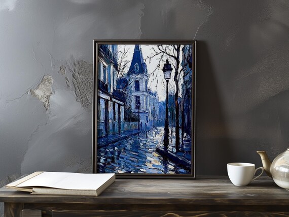 Blue Hued Paris Street in the Rain With Church Spire and Lamppost Poster