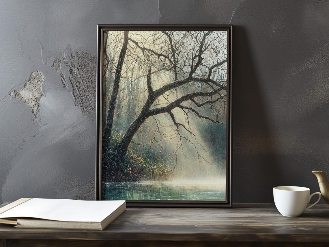 Bare Tree Branches Over a Misty River in Soft Morning Light Poster