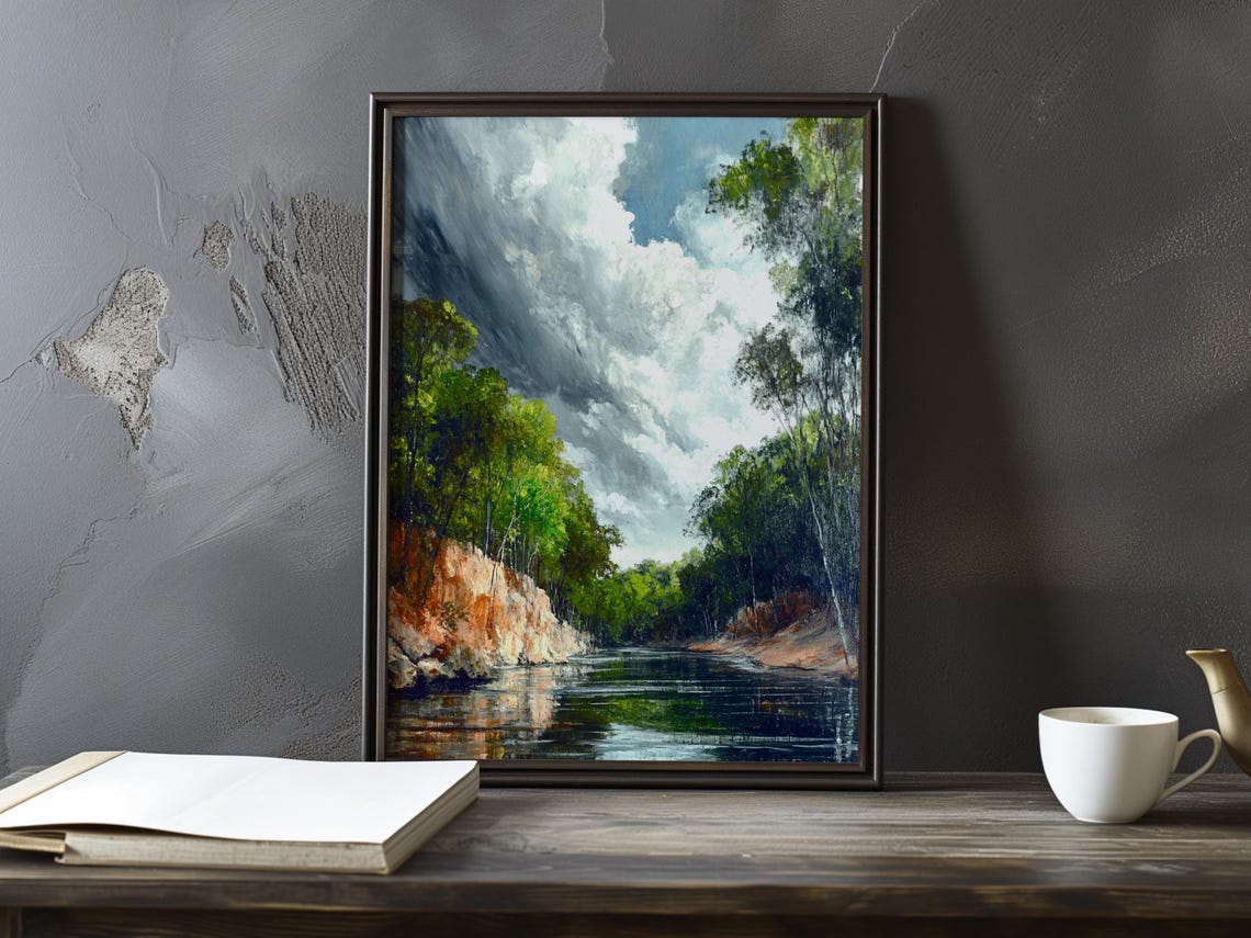 Towering White Cumulus Clouds Over a Green River Valley Poster