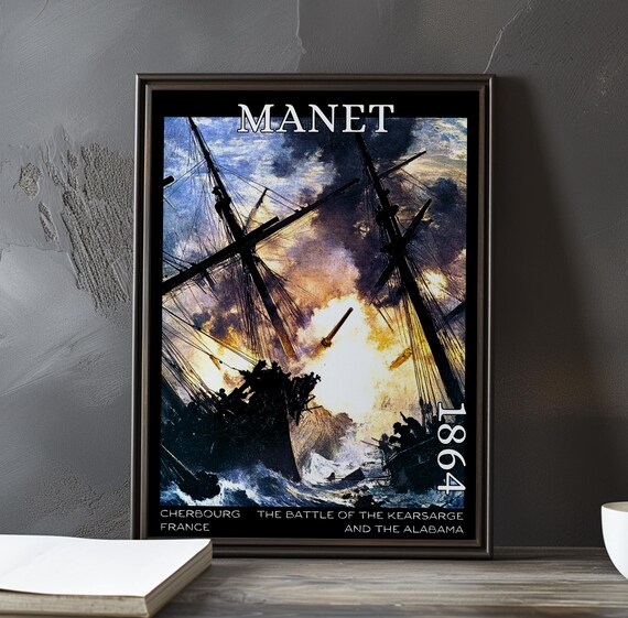 Manet Battle of Kearsarge and Alabama 1864 Silhouette Masts Fire Art Poster