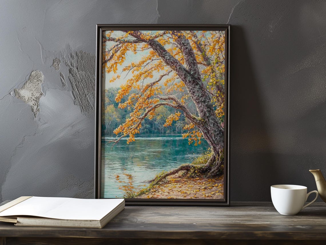 Golden Tree Arching Over a Turquoise River Impressionist Poster