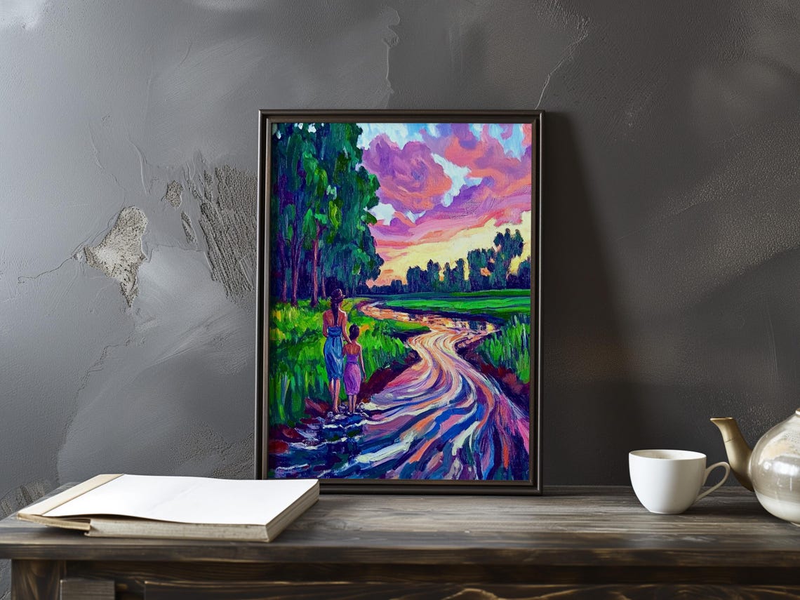 Mother and Child by Winding River Sunset Vibrant Countryside Poster