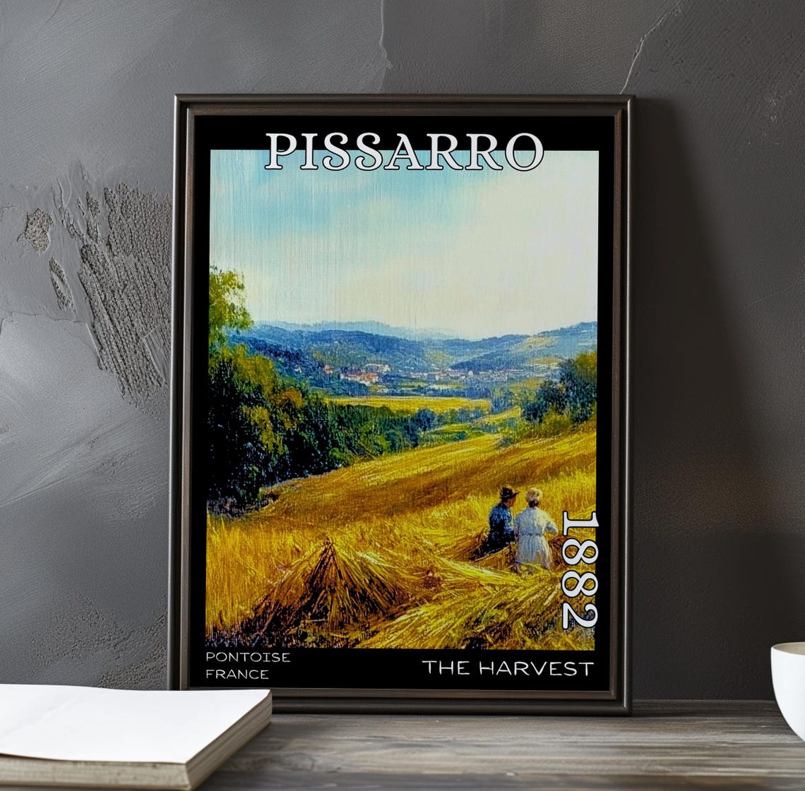 Pissarro 1882 The Harvest Two Figures Wheat Field Village View Poster