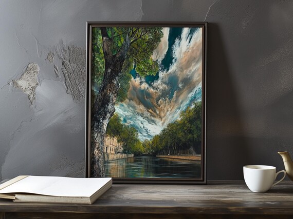 Dramatic Cloud Sky Over a Tree-Lined River Embankment Poster