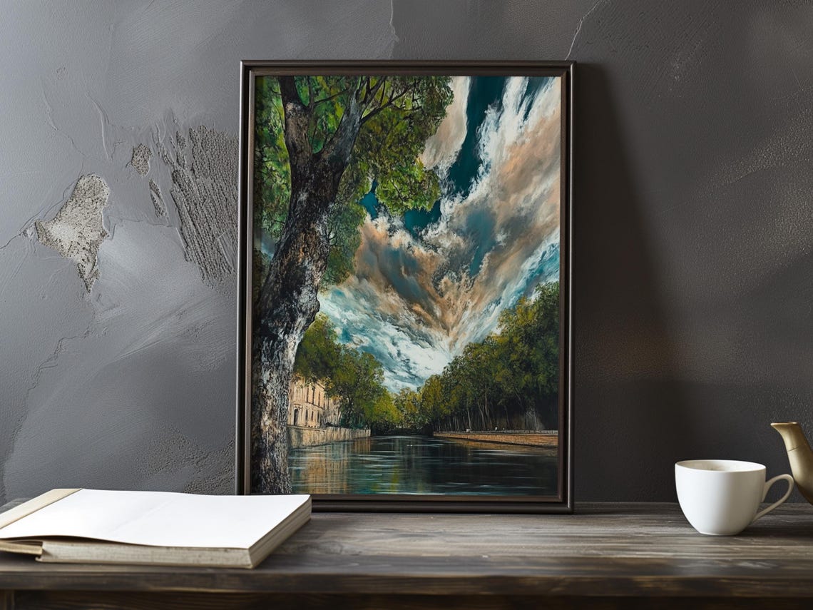 Dramatic Cloud Sky Over a Tree-Lined River Embankment Poster
