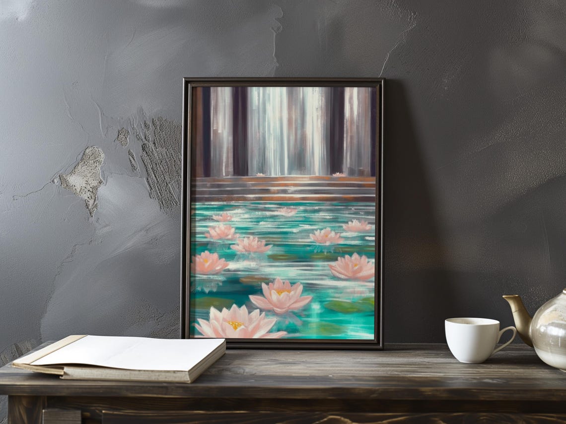 Teal Lotus Pond Peach Water Lilies Stone Steps Tranquil Garden Poster