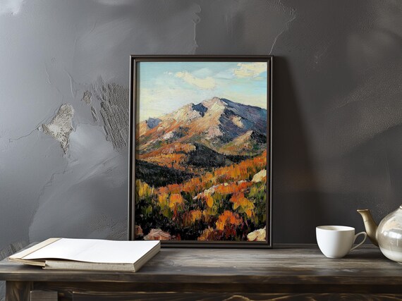 Cezanne-Inspired Autumn Mountain with Fiery Red Slopes Poster
