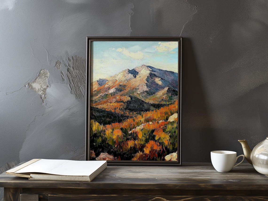 Cezanne-Inspired Autumn Mountain with Fiery Red Slopes Poster