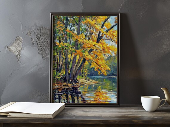 Golden Autumn Tree Beside a Calm Reflective Lake Painting Poster