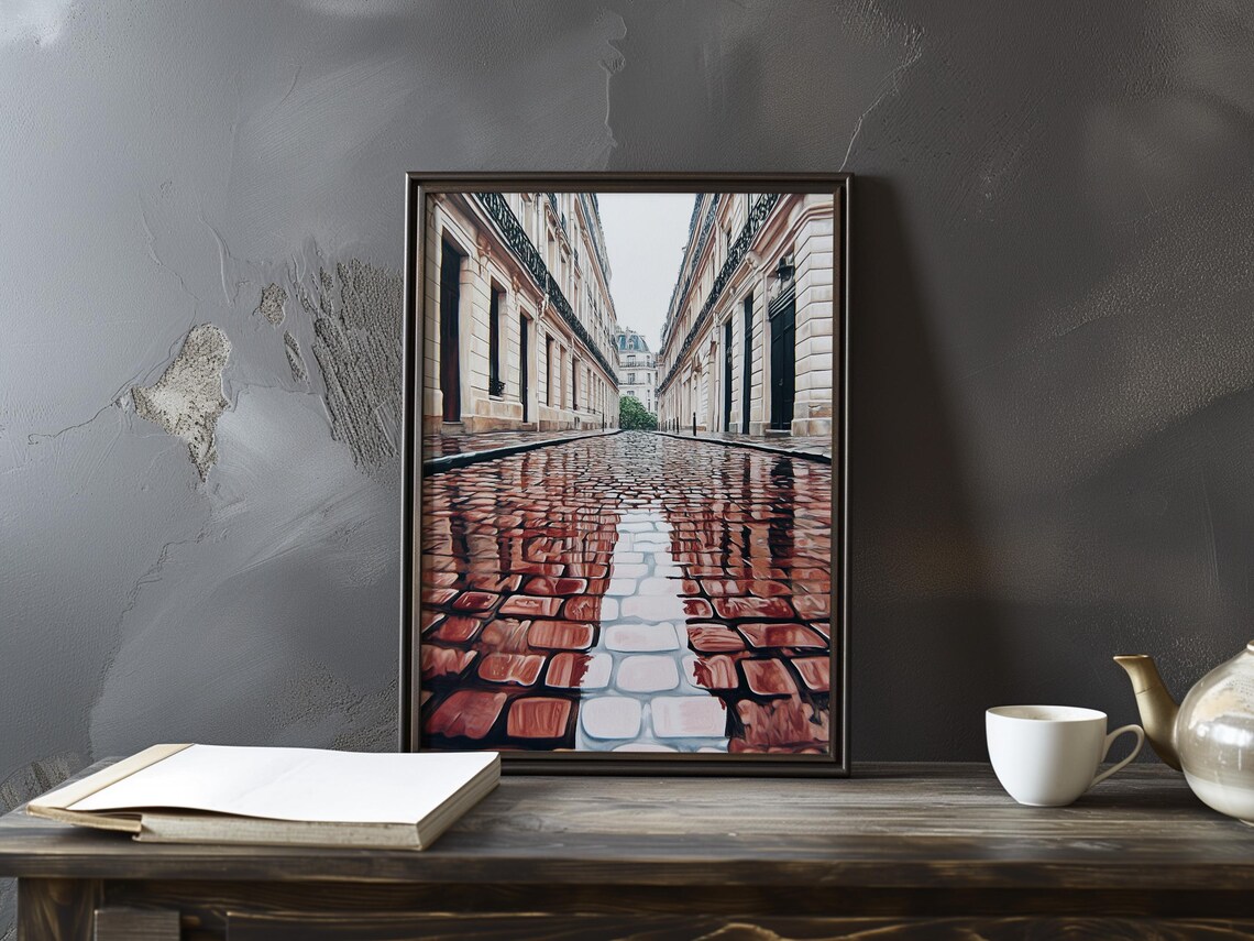 Rain Soaked Paris Street Mirrored Between Haussmann Buildings Poster