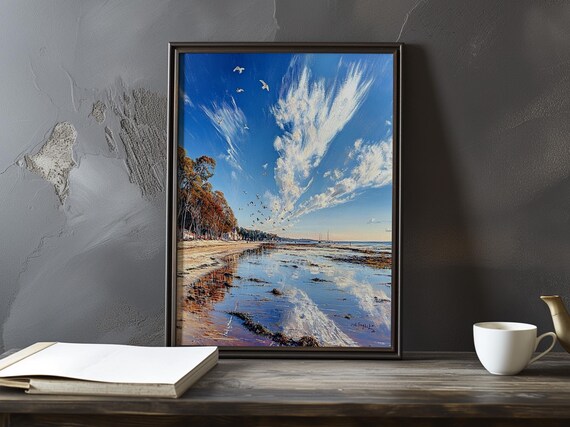 Coastal Wetland Reflections With Seabirds Under A Blue Sky Poster